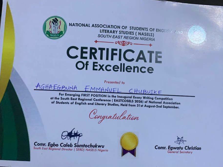COOU ENGLISH STUDENT EMERGES OVERALL WINNER OF EASTCOSEL 2026 ESSAY COMPETITION, WINS ₦50,000.