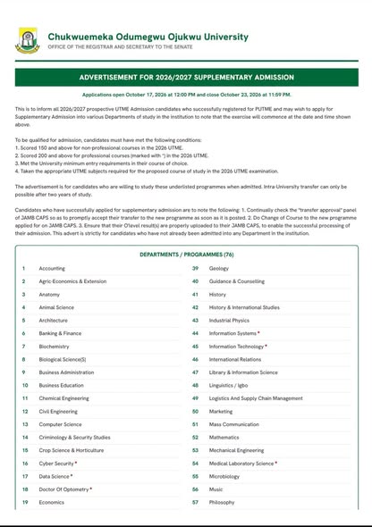 ADVERTISEMENT FOR 2026/2027 SUPPLEMENTARY ADMISSION INTO CHUKWUEMEKA ODUMEGWU OJUKWU UNIVERSITY, ANAMBRA STATE